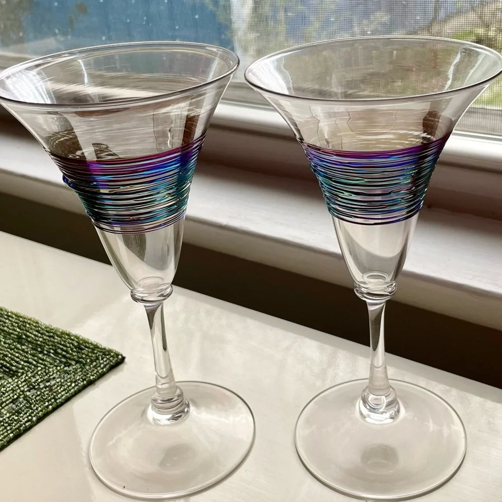 Venetian Wine Glass, Rainbow spun by An American Craftsman, MINH -Set of 2 NIB